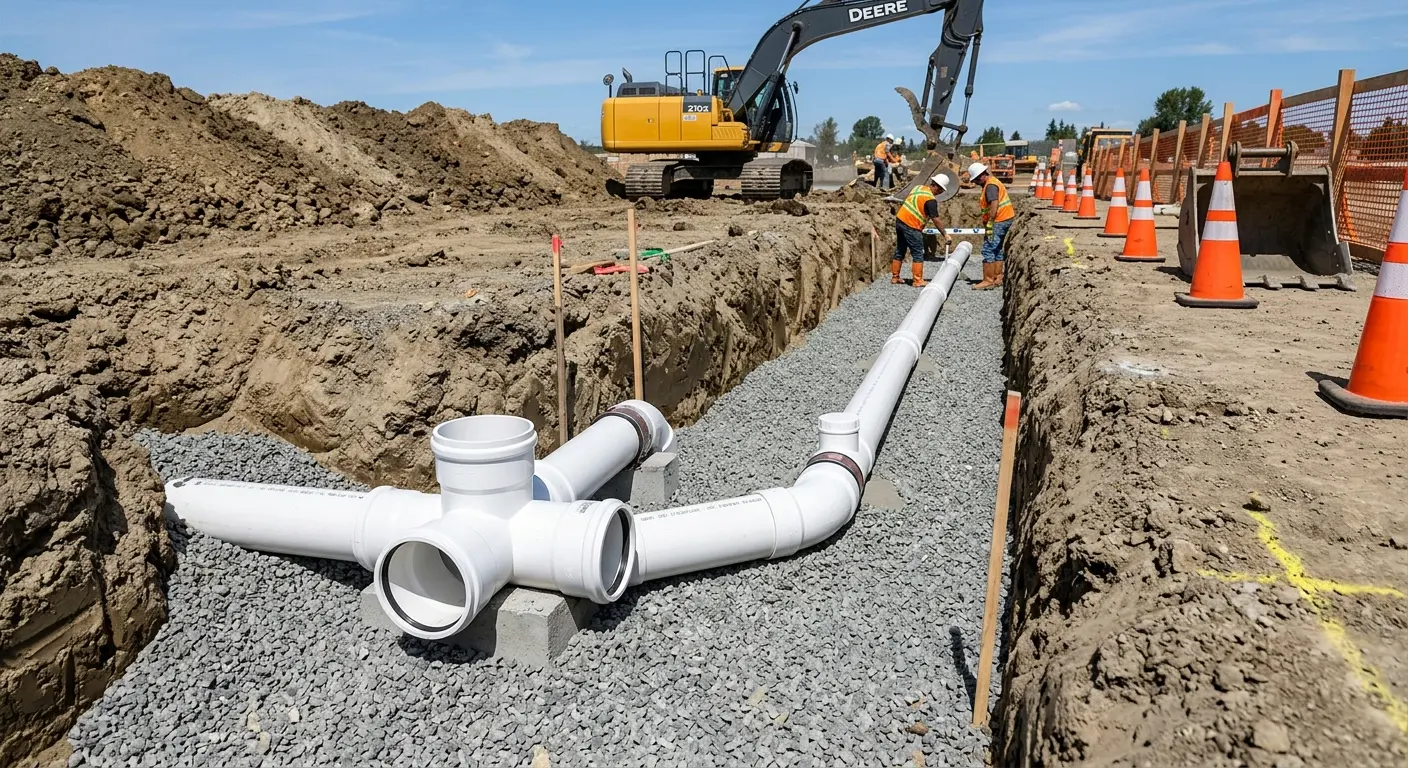New PVC sewer pipe installation in open trench for Commercial Drain Cleaning in South Patrick Shores