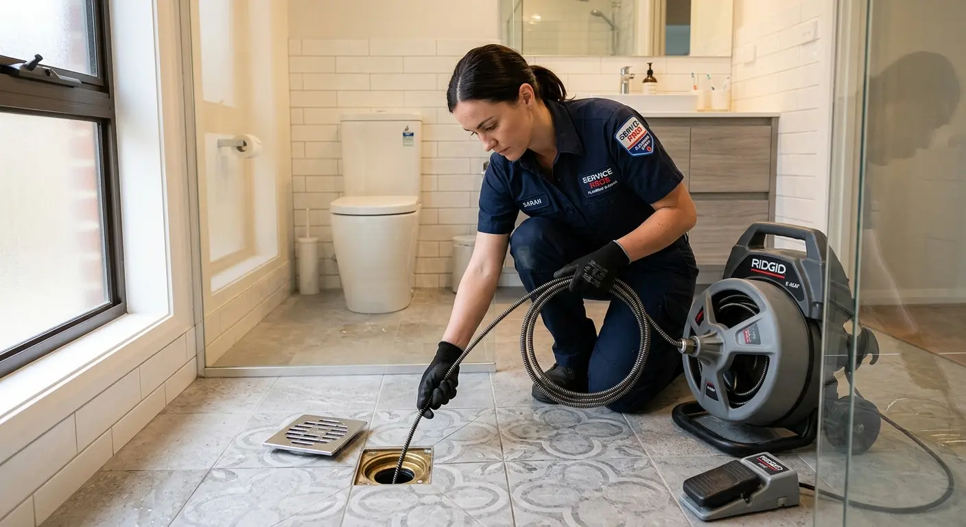 Technician clearing a bathroom floor drain for Drain Cleaning in South Patrick Shores